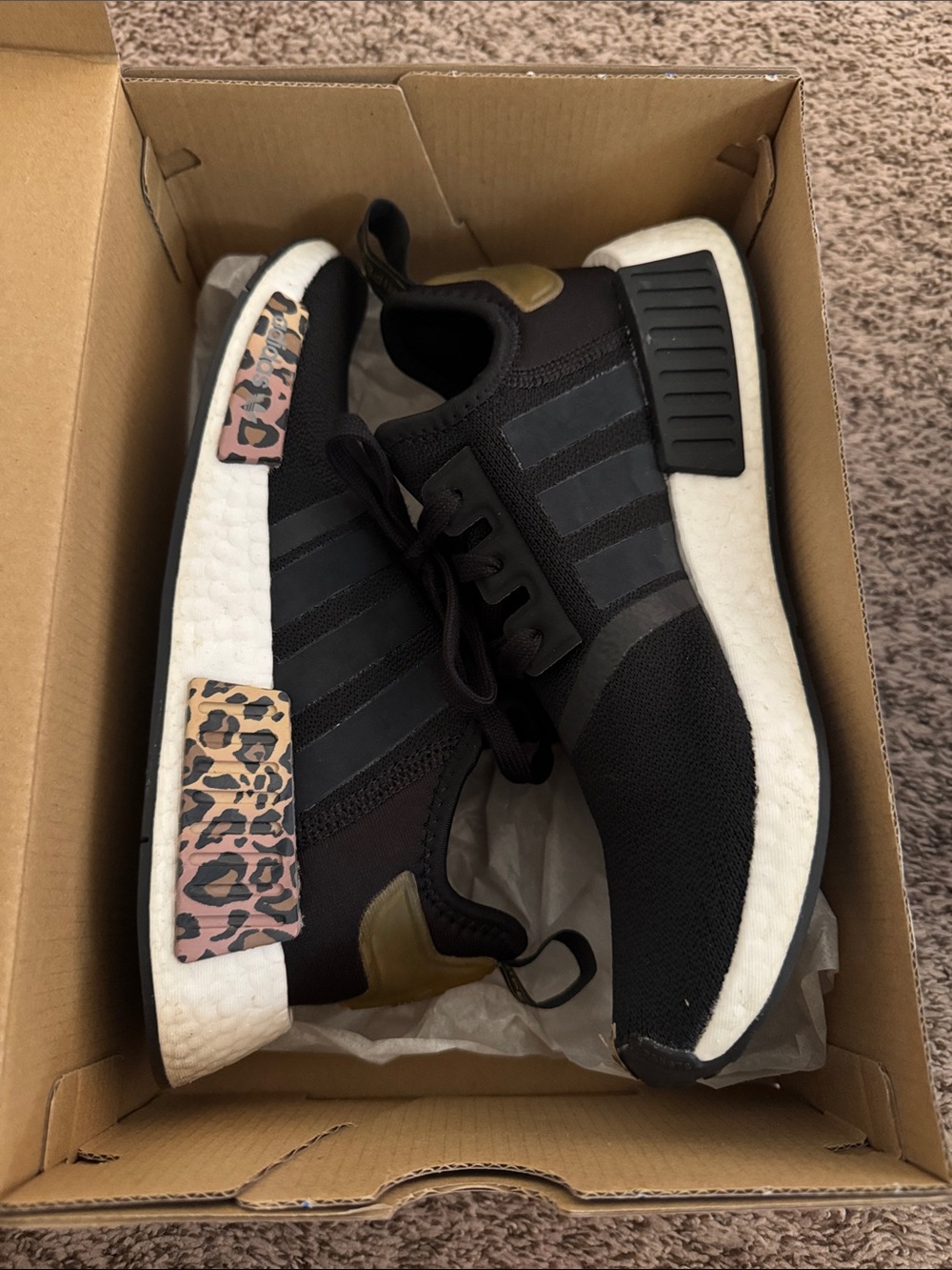 Adidas women’s NMD R1 black and leopard